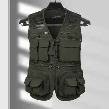 Мужской жилет-карго с v-образным вырезом без рукавов на молнии, жилет, однотонный сетчатый жилет с несколькими карманами, жилет для рыбалки и пешего туризма L темно-синий