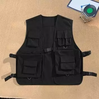 Мужской жилет-карго с V-образным вырезом, без рукавов, с несколькими карманами, свободный крой, однотонный, повседневный стиль, жилет-карго, верхняя одежда M чёрный