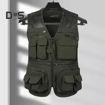 Мужской жилет-карго с v-образным вырезом без рукавов на молнии, жилет, однотонный сетчатый жилет с несколькими карманами, жилет для рыбалки и пешего туризма XL армия зеленый