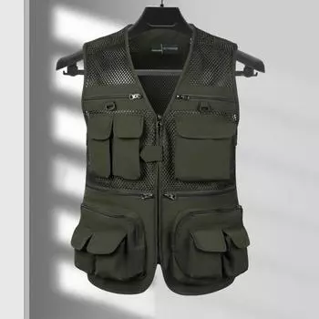 Мужской жилет-карго с v-образным вырезом без рукавов на молнии, жилет, однотонный сетчатый жилет с несколькими карманами, жилет для рыбалки и пешего туризма XL армия зеленый