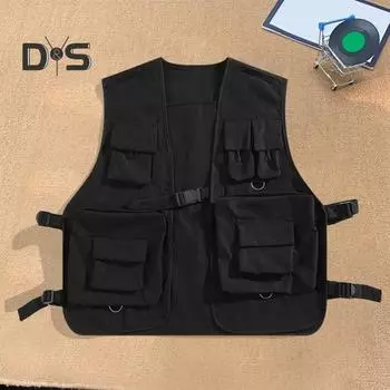 Мужской жилет-карго с V-образным вырезом, без рукавов, с несколькими карманами, свободный крой, однотонный, повседневный стиль, жилет-карго, верхняя одежда M чёрный