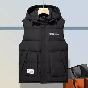 Мужской жилет куртка вниз хлопковые плечи теплый жилет тренд свободная верхняя одежда мода красивый с капюшоном жилет мужской L чёрный