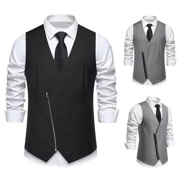 Мужской жилет на молнии, мужской жилет, легкий роскошный пиджак без рукавов, однотонный повседневный деловой свадебный жилет S чёрный
