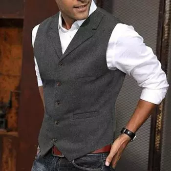Мужской жилет, однобортный однобортный однотонный жилет без рукавов с лацканами, приталенный деловой кардиган в деловом стиле, мягкий жилет в стиле ретро для жениха, свадебный банкетный жилет M темно-синий