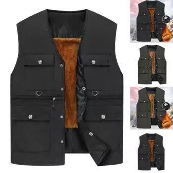 Мужской жилет, осень-зима, теплая плюшевая подкладка, ветрозащитный жилет без рукавов с v-образным вырезом, 6 карманов, застежка на пуговицы, повседневный однотонный мужской жилет, топ 3XL чёрный