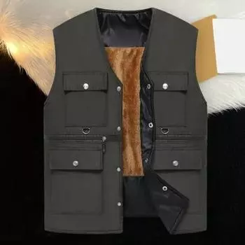 Мужской жилет, осень-зима, теплая плюшевая подкладка, ветрозащитный жилет без рукавов с v-образным вырезом, 6 карманов, застежка на пуговицы, повседневный однотонный мужской жилет, топ 3XL чёрный
