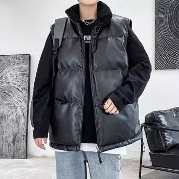 Мужской жилет осенне-зимнее кожаное хлопковое пальто в корейском стиле модный жилет мужской свободный зимний красивый утолщенный внешний жилет куртка M