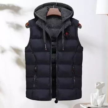 Мужской жилет, пальто с капюшоном, застежкой-молнией, без рукавов, с карманами, однотонный утолщенный стеганый жилет 3XL чёрный