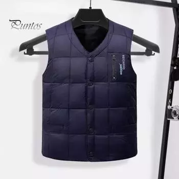 Мужской жилет, пальто с V-образным вырезом, без рукавов, однотонный однобортный жилет с карманами, утолщенный ветрозащитный теплый жилет L синий