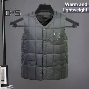 Мужской жилет, пальто с V-образным вырезом, без рукавов, однотонный однобортный жилет с карманами, утолщенный ветрозащитный теплый жилет L синий