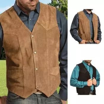 Мужской жилет, пальто с V-образным вырезом, без рукавов, однобортный однотонный жилет с карманами, приталенный жилет-карго, повседневная одежда S чёрный