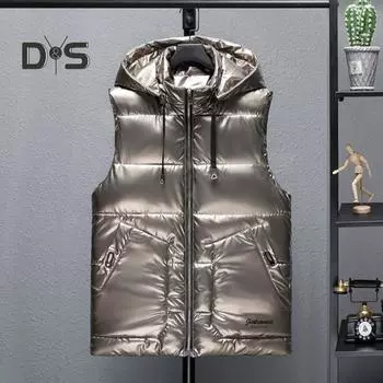 Мужской жилет, пальто с воротником-стойкой, с капюшоном, без рукавов, застежка-молния, зимний жилет, верхняя одежда с карманами, однотонный утолщенный жилет из хлопка на пуху M темно-серого