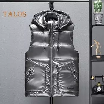 Мужской жилет, пальто с воротником-стойкой, с капюшоном, без рукавов, застежка-молния, зимний жилет, верхняя одежда с карманами, однотонный утолщенный жилет из хлопка на пуху M серебряный