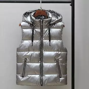 Мужской жилет, пальто с воротником-стойкой, капюшоном, завязками на шнурке, без рукавов, стеганый жилет, однотонный, застежка-молния, утолщенный хлопковый жилет, верхняя одежда M серебряный серый