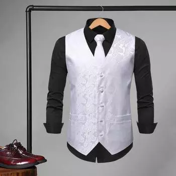 Мужской жилет с галстуком-платком, V-образный вырез, без рукавов, однобортный пиджак с рисунком подсолнухов, с карманом для галстука, деловая одежда M чёрный