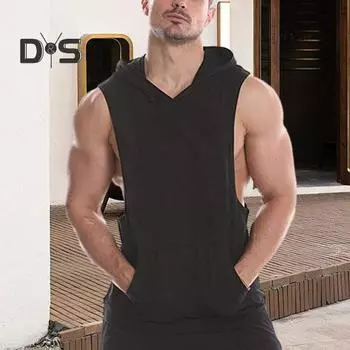 Мужской жилет с капюшоном, без рукавов, однотонный летний свитшот, свободный крой, дышащая ткань, спортивный жилет S чёрный