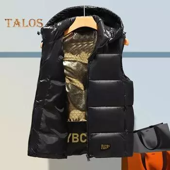 Мужской жилет с капюшоном, безрукавка, пальто, черный, золотистый цвет, пуховик, хлопковый, на молнии, карманы, жилет, куртка, повседневная одежда 2XL чёрный