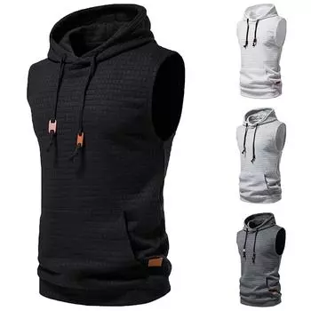 Мужской жилет с капюшоном для фитнеса, модная футболка без рукавов для спортзала с капюшоном L чёрный
