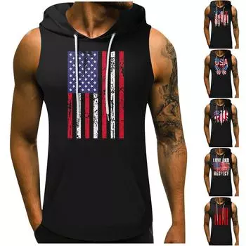 Мужской жилет с капюшоном для фитнеса, модная футболка без рукавов для спортзала с капюшоном M чёрный