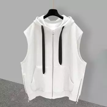 Мужской жилет с капюшоном и шнурком без рукавов, топы на молнии, карманы, сплошной цвет, свободный крой, спорт XL белый
