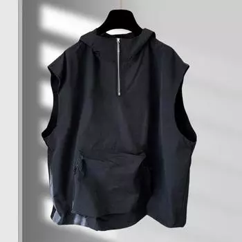 Мужской жилет с капюшоном на молнии, без рукавов, набедренный жилет в стиле хоп, однотонный быстросохнущий жилет с большими карманами XL чёрный
