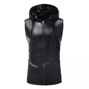 Мужской жилет с капюшоном на шнурке, без рукавов, с карманами, блестящий однотонный S чёрный