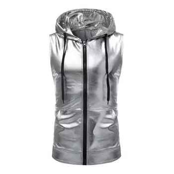 Мужской жилет с капюшоном на шнурке, без рукавов, жилет с карманами, блестящий однотонный, на молнии S серебряный