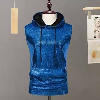 Мужской жилет с капюшоном на шнурке без рукавов в стиле ретро 70-х годов, стиль вечеринки, клубный бронзовый дискотека, топ, свободная спортивная толстовка 2XL серебряный