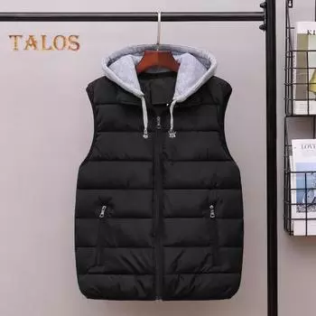 Мужской жилет с капюшоном, завязывающийся на шнурок, без рукавов, с карманами, застежка-молния, теплый, удобный пуховый жилет XL темно-синий