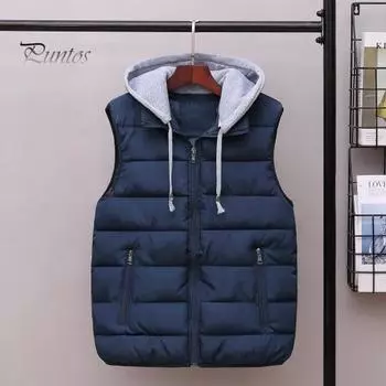 Мужской жилет с капюшоном, завязывающийся на шнурок, без рукавов, с карманами, застежка-молния, теплый, удобный пуховый жилет L чёрный