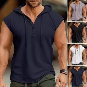 Мужской жилет с капюшоном, завязывающийся на шнурок, без рукавов, однотонная футболка с широкими лямками, спортивный жилет с регулировкой на пуговицах M серый