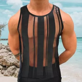 Мужской жилет с круглым вырезом без рукавов, полосатая сетка, однотонные майки, прозрачные цветные облегающие камзолы XL чёрный