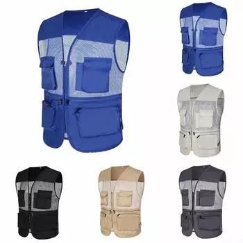 Мужской жилет с несколькими карманами для улицы, дышащий жилет из полиэстера и сетки 2XL синий