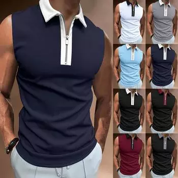 Мужской жилет с отложным воротником и V-образным вырезом, летняя повседневная футболка на молнии без рукавов с мышцами