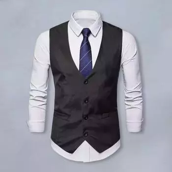 Мужской жилет с V-образным вырезом, без рукавов, однобортный пиджак с карманами, однотонный, приталенный, формальный стиль S чёрный