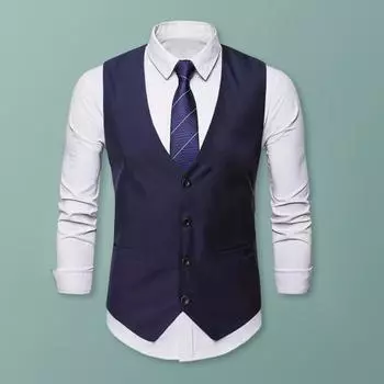 Мужской жилет с V-образным вырезом, без рукавов, однобортный пиджак с карманами, однотонный, приталенный, формальный, деловой жилет S