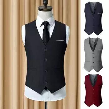 Мужской жилет с V-образным вырезом без рукавов, однобортный, облегающий деловой жилет, однотонный, формальный жилет для вечернего платья M красный