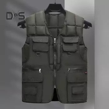 Мужской жилет с V-образным вырезом, без рукавов, на молнии, жилет с несколькими карманами, однотонный ветрозащитный теплый пуховый жилет, куртка L темно-синий