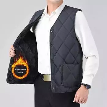 Мужской жилет с V-образным вырезом без рукавов, однотонный однобортный жилет, пальто с карманами, утолщенная плюшевая подкладка, стеганый низ, жилет, куртка L чёрный