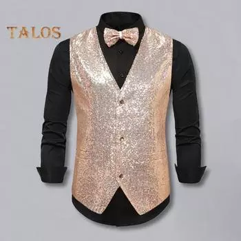 Мужской жилет с V-образным вырезом, без рукавов, однобортный жилет для выступлений на сцене с карманами, облегающий блестящий галстук-бабочка с пайетками, свадебный выпускной жилет S шампанского