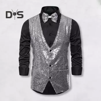 Мужской жилет с V-образным вырезом, без рукавов, однобортный жилет для выступлений на сцене с карманами, облегающий блестящий галстук-бабочка с пайетками, свадебный выпускной жилет XXL шампанского