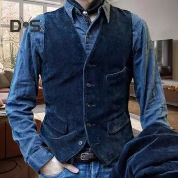 Мужской жилет с V-образным вырезом, без рукавов, однобортный жилет, однотонный, приталенный, вельветовый жилет в стиле ретро с карманами XL синий