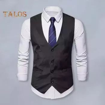 Мужской жилет с V-образным вырезом, без рукавов, однобортный пиджак с карманами, однотонный, приталенный, формальный, деловой жилет S чёрный