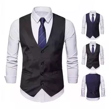 Мужской жилет с V-образным вырезом, без рукавов, однобортный пиджак с карманами, однотонный, тонкий S чёрный