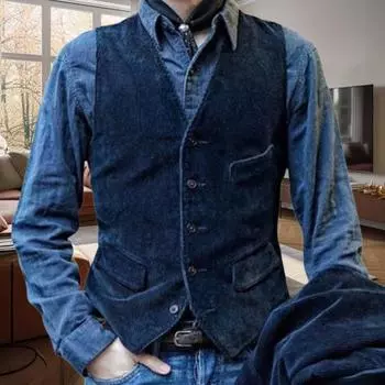 Мужской жилет с V-образным вырезом, без рукавов, однобортный жилет, однотонный, приталенный, вельветовый жилет в стиле ретро с карманами XL синий