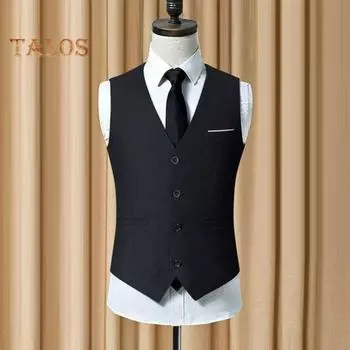 Мужской жилет с V-образным вырезом без рукавов, однобортный, облегающий деловой жилет, однотонный, формальный жилет для вечернего платья M чёрный