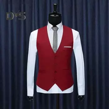 Мужской жилет с V-образным вырезом без рукавов, однобортный, облегающий деловой жилет, однотонный, формальный жилет для вечернего платья M красный