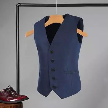 Мужской жилет с V-образным вырезом без рукавов однобортный пиджак однотонный карманный дизайн осенне-зимний деловой жилет M чёрный