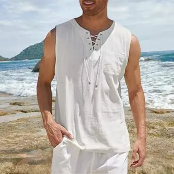 Мужской жилет с v-образным вырезом на шнуровке без рукавов, повседневный сплошной цвет с нашивкой, свободный крой, пуловер с карманами, топы, уличная одежда M темно-серого