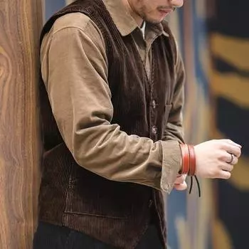 Мужской жилет с v-образным вырезом, однобортный жилет без рукавов, однобортный жилет с множеством карманов, однотонный вельветовый жилет M чёрный